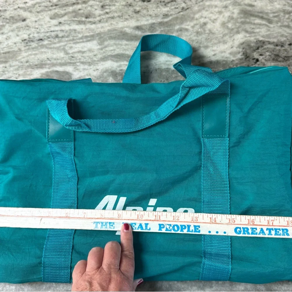 Vintage Alpine Duffel Bag–Teal Canvas Gym/Travel Bag with Retro Mountain Graphic